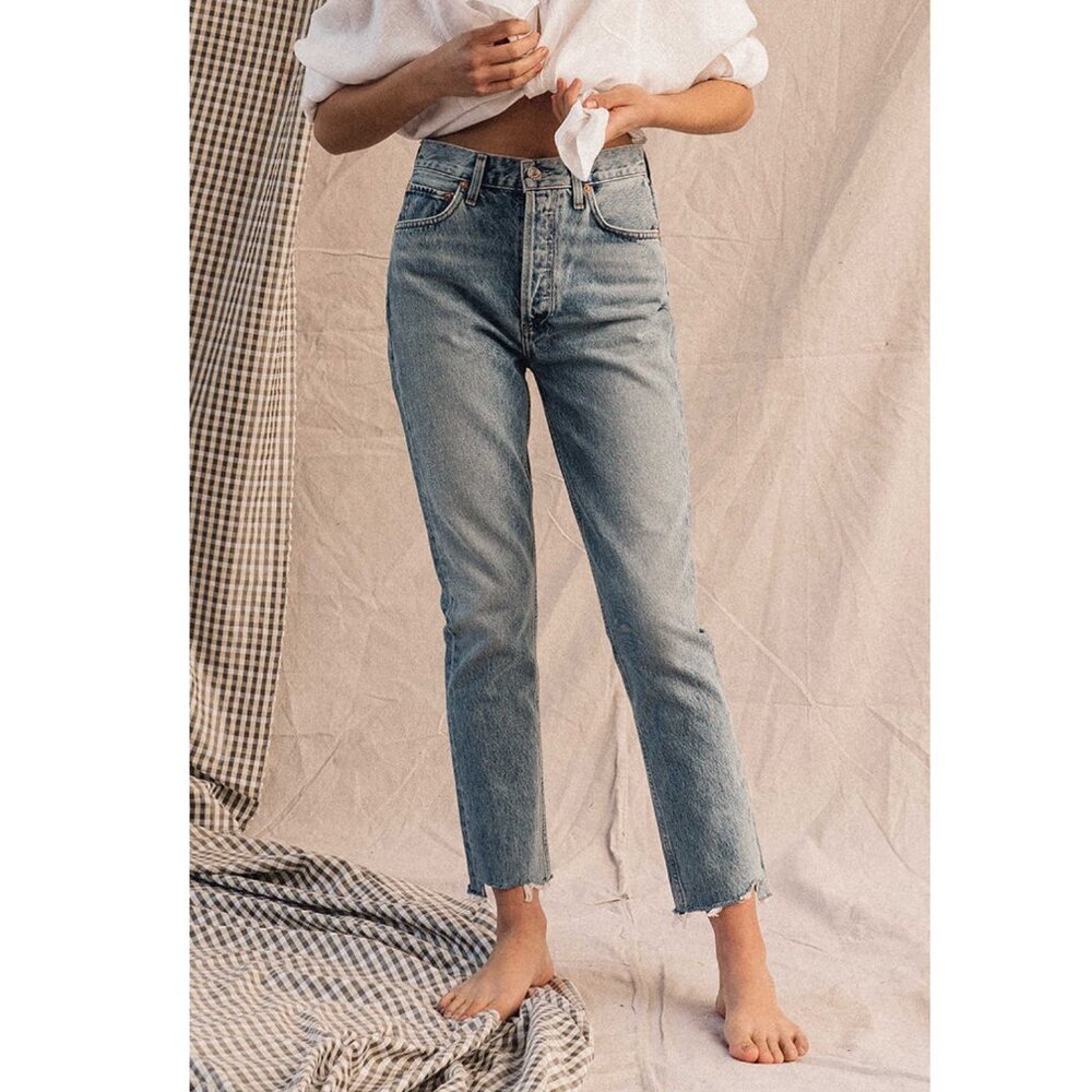 Agolde Riley High Rise Crop Jeans Womens 25 Blue Fray Hem Straight Button Fly